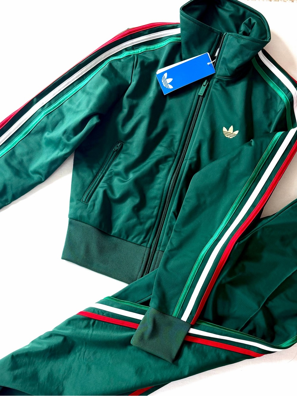 Set Adidas Dark Green Bomber Jacket - pants with Red/White /Light Green Stripes